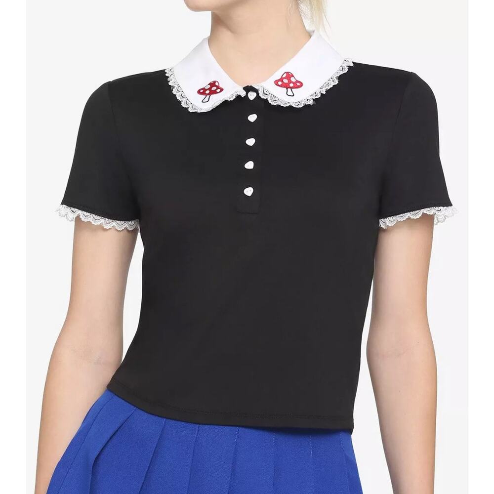 Hot Topic Mushroom Lace Collar Heart Button Crop Polo, Juniors Size Large